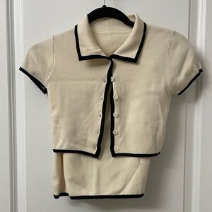 Cream Short Sleeve Cardigan with Black Trim